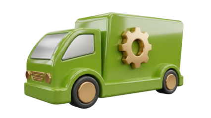 Green delivery truck with golden gear isolated PNG, service vehicle for maintenance and repair on transparent background