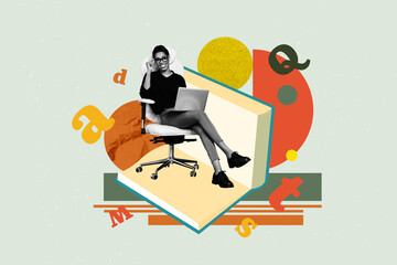 Pop art full zine photo collage of happy girl guy stand library academic book stack education learner letters vocabulary encyclopedia