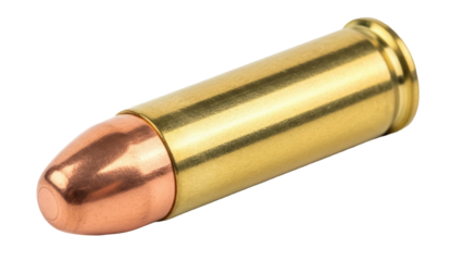 Shiny brass bullet isolated PNG, ammunition for handgun or rifle on transparent background, cartridge for shooting range and hunting