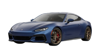 Obraz premium Sleek blue sports car isolated PNG, modern coupe with bronze wheels on transparent background for automotive design and advertising