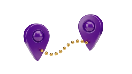 Purple map pointer icons connected by golden dots isolated PNG, route planning and navigation concept for travel and location services