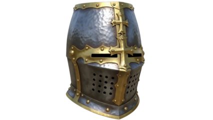 Medieval great helm isolated PNG, crusader helmet with cross for historical reenactment and fantasy art, on transparent background