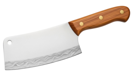 Meat cleaver PNG isolated on transparent background, butcher knife with wooden handle for cutting and chopping meat, kitchen utensil