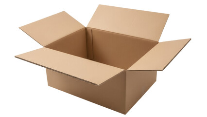 Open cardboard box isolated PNG on transparent background, brown container for shipping and storage, empty package for delivery