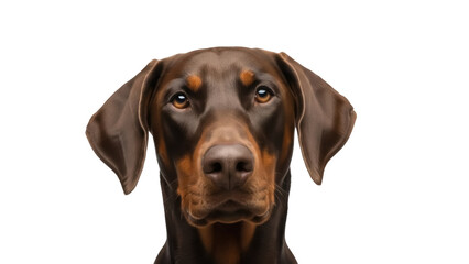 Elegant brown Doberman Pinscher head isolated PNG, purebred dog portrait on transparent background for pet-related designs and projects