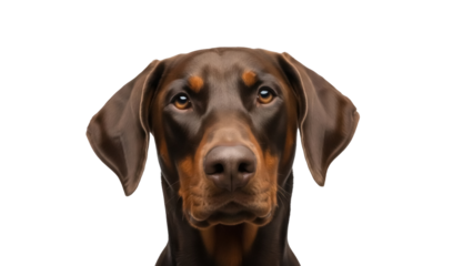 Elegant brown Doberman Pinscher head isolated PNG, purebred dog portrait on transparent background for pet-related designs and projects