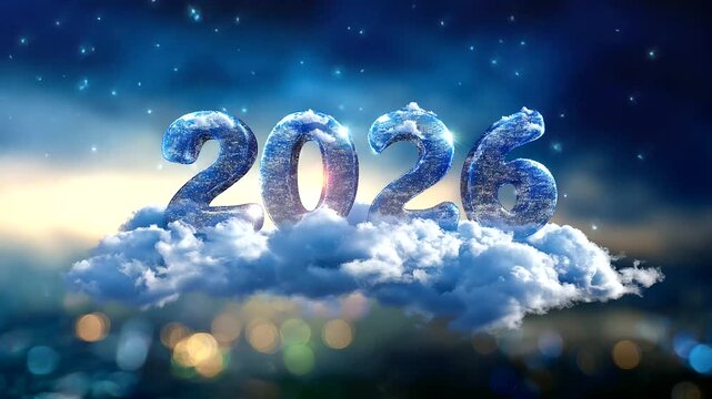 New year weather concept visualization, year 2026 in shape of clouds on blue cloudy sky defocused, atmospheric typography, celestial design, with copy space