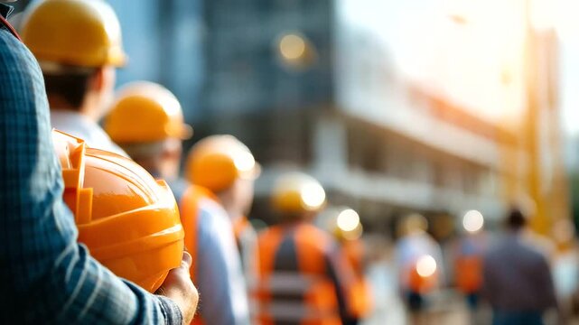 Faceless construction workers at groundbreaking ceremony site defocused building project background inaugural event construction launch development beginning ceremonial ground