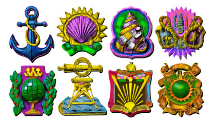 Colorful Illustrations of Nautical and Academic Symbols on Isolated Transparent Background