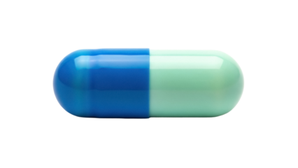 Blue and green capsule isolated PNG, pharmaceutical medicine for healthcare and medical treatment on transparent background