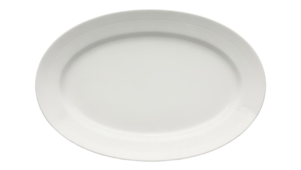 Empty oval serving platter isolated PNG, white ceramic dish for food presentation and catering on transparent background