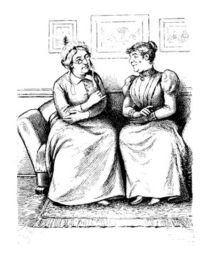 Two Ladies talking on a couch or gossiping