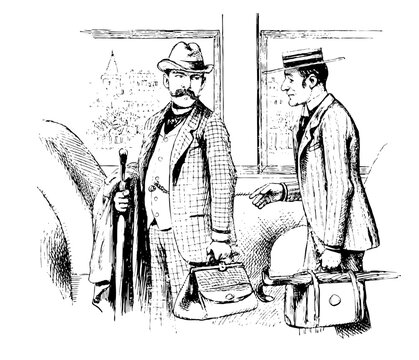 Two men on a train with bags and umbrellas