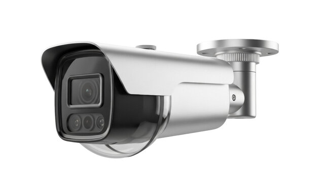 Silver bullet security camera isolated PNG, surveillance system for outdoor monitoring and protection on transparent background
