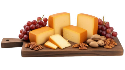 Delicious cheddar cheese blocks with grapes and pecans isolated PNG, gourmet food still life on...