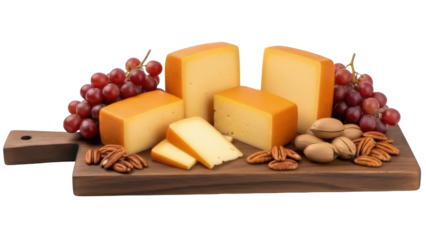 Delicious cheddar cheese blocks with grapes and pecans isolated PNG, gourmet food still life on wooden board for culinary concepts