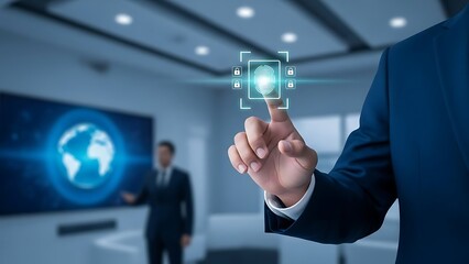 Businessman interacting with futuristic interface in modern office suit finger touchscreen