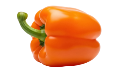 Vibrant orange bell pepper isolated PNG, fresh vegetable with green stem on transparent background for healthy eating and cooking concepts