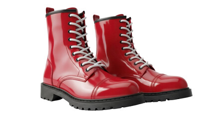 Pair of shiny red leather combat boots with white laces isolated PNG, fashionable footwear for alternative style and edgy fashion