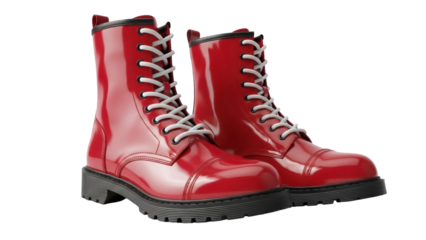 Pair of shiny red leather combat boots with white laces isolated PNG, fashionable footwear for alternative style and edgy fashion