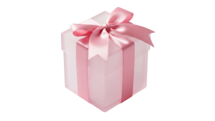 Elegant light pink gift box with satin ribbon bow isolated PNG, present for birthday or special occasion on transparent background