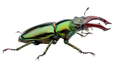 Fototapeta premium Male stag beetle isolated PNG, iridescent green insect with large mandibles on transparent background, Lucanus cervus for entomology and wildlife design