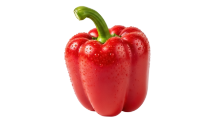 Fresh red bell pepper isolated PNG, vibrant vegetable with water droplets on transparent background, healthy eating and cooking ingredient