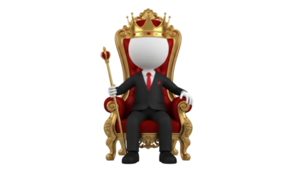 Cartoon king sitting on throne PNG isolated on transparent background, 3d rendering of a stick figure in suit with crown and scepter