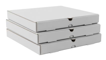 Stack of three plain pizza boxes isolated PNG, blank cardboard containers for takeaway food delivery on transparent background