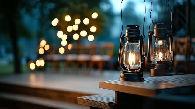 Elegant outdoor stage with wooden stairs faceless presentation venue defocused vintage lanterns at night background illuminated setup performances or events space atmospheric