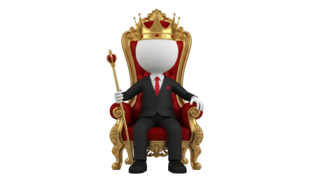 Cartoon king sitting on throne PNG isolated on transparent background, 3d rendering of a stick figure in suit with crown and scepter - Powered by Adobe