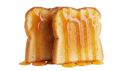 Golden brown toast with dripping honey isolated PNG, sweet breakfast food on transparent background for design and commercial use