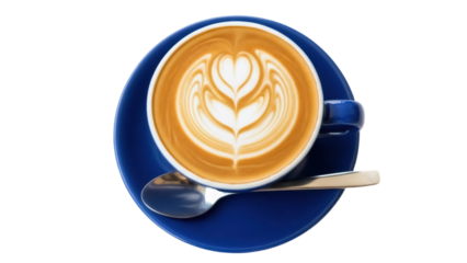 Latte art in a blue cup isolated on transparent background, coffee drink with heart design for cafe menu and social media posts PNG