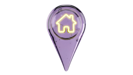 Glowing house icon in a glass pin PNG isolated on transparent background, home location symbol for maps and real estate