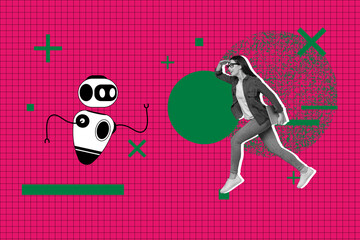 Naklejka premium Banner full 3d photo trend image collage of happy girl guy run robotic modern futuristic technology bot helper innovation prompt