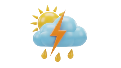 Weather forecast 3D render PNG isolated, sun cloud lightning and rain drops on transparent background, meteorology concept for design use