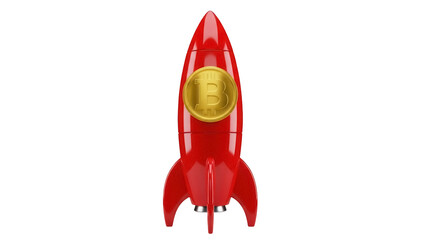 Red rocket with Bitcoin logo isolated PNG on transparent background, cryptocurrency investment concept for financial technology and digital assets