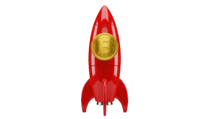 Red rocket with Bitcoin logo isolated PNG on transparent background, cryptocurrency investment concept for financial technology and digital assets