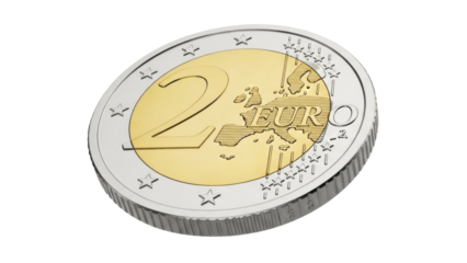 Two Euro coin isolated PNG, European currency with map and stars on transparent background, money and finance concept
