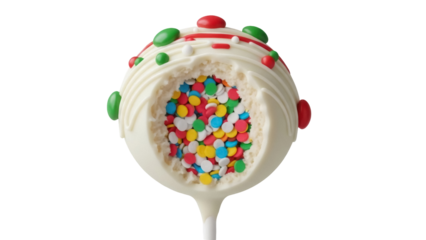 Festive cake pop PNG isolated on transparent background, colorful sprinkles and candy decorations for holiday treats and party favors