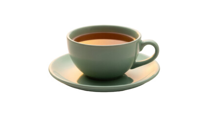 Fototapeta premium Green teacup with tea isolated PNG on transparent background, hot beverage in a cup for breakfast or afternoon tea
