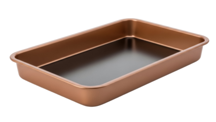 Copper baking pan isolated PNG on transparent background, rectangular metal cake tin for oven cooking and homemade dessert preparation