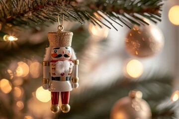 Traditional nutcracker ornament with white coat and golden accents hangs on Christmas tree, glowing bokeh lights creating magical winter ballet atmosphere.