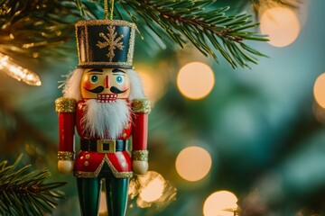 Festive nutcracker ornament with crimson uniform and white beard dangles from decorated tree, soft bokeh creating enchanting holiday atmosphere for 2026 celebration.