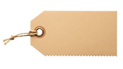 Blank beige tag with serrated edge isolated PNG, kraft paper label with string and metal eyelet on transparent background, price or gift tag