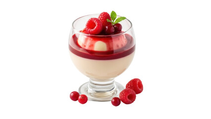 Elegant panna cotta dessert with raspberry sauce and fresh berries isolated PNG, Italian sweet treat on transparent background