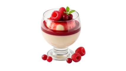 Elegant panna cotta dessert with raspberry sauce and fresh berries isolated PNG, Italian sweet treat on transparent background