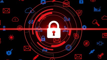 White padlock surrounded by red circles and blue red on black background