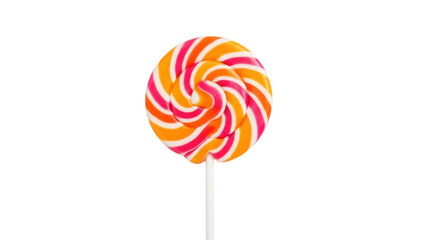 Swirled lollipop isolated PNG on transparent background, orange and pink candy with stick for sweet treat and confectionery designs