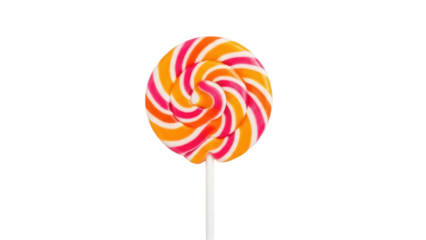 Swirled lollipop isolated PNG on transparent background, orange and pink candy with stick for sweet treat and confectionery designs